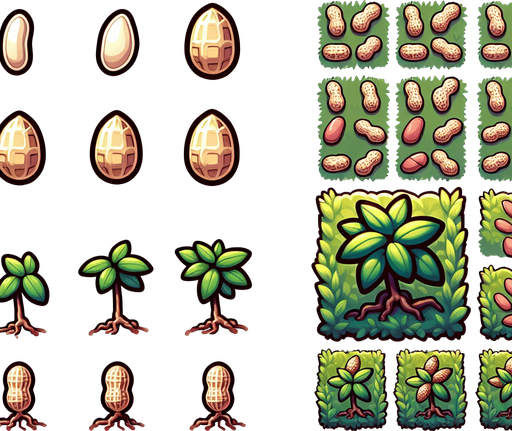 A spritesheet showing a peanutplant in various stages of germantion, from seed over sapling and to full grown plant with ripe peanuts. The sprites should be laid out in a rectangular grid with blank space between them..
Single Game Texture. In-Game asset. 2d. Blank background. High contrast. No shadows.