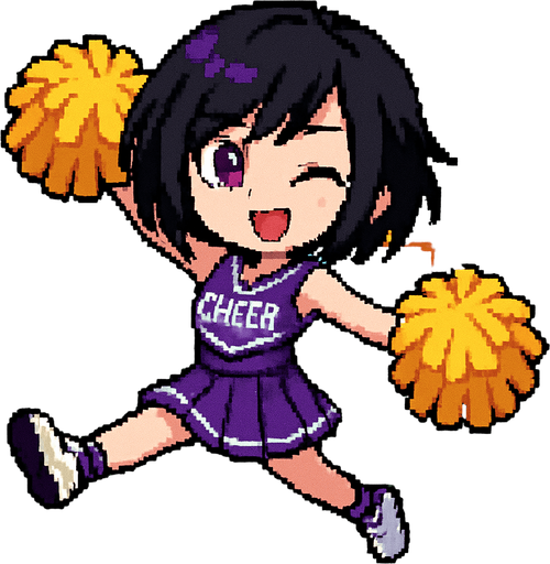 A cute anime-style girl rendered in pixel art, with an emo aesthetic and striking purple eyes, is wearing a high school cheerleader uniform and holding pom-poms in both hands. With her arms and legs extended in a dynamic pose, she winks playfully while cheering. The background is an American football field.