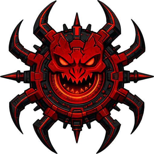 Topdown view, flying red demonic virus boss, evil-looking, sharp edges, glowing red core, cyber style, futuristic tech details, no background, circular, symmetrical.
In-Game asset.  2d.  High contrast.  No shadows