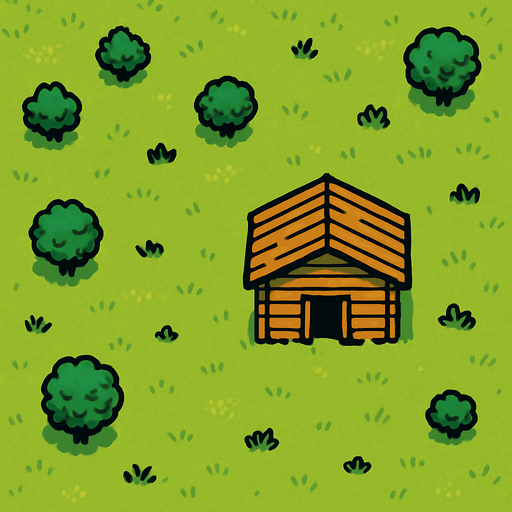 a top view of a grass field with a cabin and some trees.
In-Game asset.  2d.  High contrast.  No shadows
