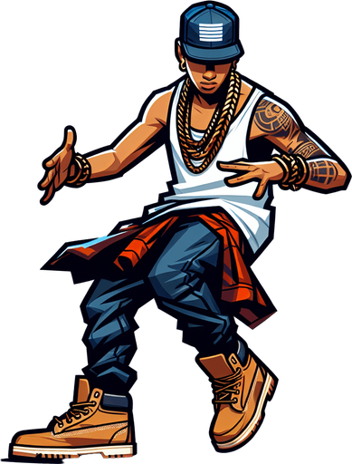 A Krump Dancer wearing a snapback and Timberlands shoes Single Game Texture. In-Game asset. 2d. Blank background. High contrast. No shadows.