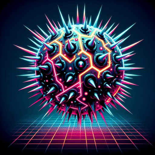 electrical neon colored cyberpunk sphere barrier with spikes.
Single Game Texture. In-Game asset. 2d. Blank background. High contrast. No shadows.