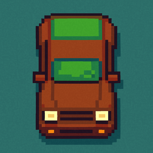 Draw 2d pixel car top view brown+green.
In-Game asset.  2d.  High contrast.  No shadows