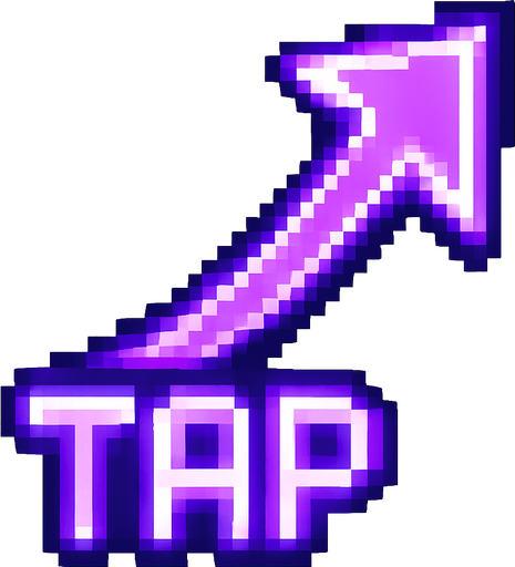 A pixel art arrow starting from a glowing "TAP" label in retro pixel font, pointing diagonally from the bottom right toward the upper left, as if guiding the player to tap that area. The arrow is sleek, with a smooth curve or angled segments, styled in purple or violet neon tones with a soft glow effect. The design matches a lo-fi rhythm game aesthetic. The "TAP" label is positioned at the tail of the arrow and glows subtly. No background — transparent..
In-Game asset.  2d.  High contrast.  No shadows