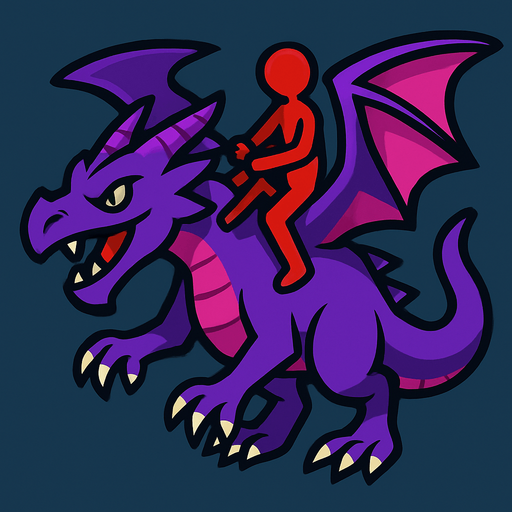 Purple dragon with a red stickman riding it.
In-Game asset.  2d.  High contrast.  No shadows