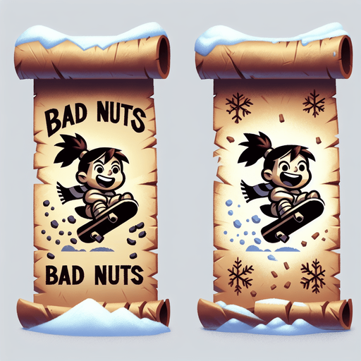 a pergament letter with the name "Bad Nuts". It has a evil looking little girl brat with a ponytail on a sledge on it. vertical. Single Game Texture. In-Game asset. 2d. Blank background. High contrast. No shadows.