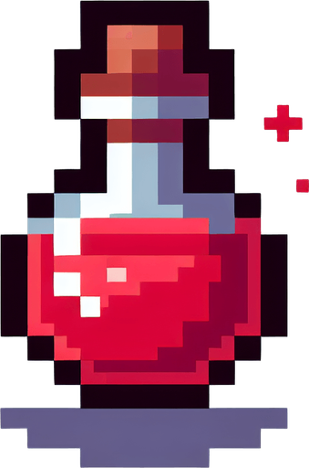 A small red potion. Pixel art..
Single Game Texture.  In-Game asset.  2d.  Blank background.  High contrast.  No shadows