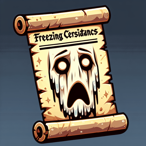 a pergament letter with the name "freezing Circumstances". It has a very froozen shocked face on it. Single Game Texture. In-Game asset. 2d. Blank background. High contrast. No shadows.