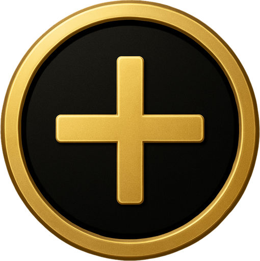 Boton de signo de mas elegante de color dorado con fondo negro.
In-Game asset.  2d.  High contrast.  No shadows
