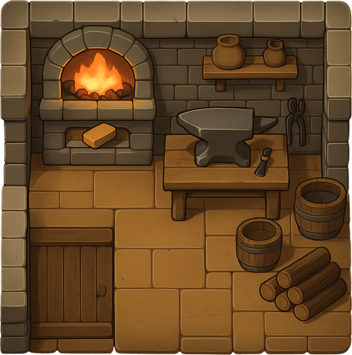 kale olmasın. Top down bir orta çağ demirci evi olsun