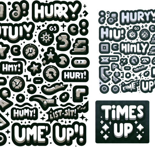 Multiple stylized texts with phrases that include “Hurry!” “Time’s up!” Cartoon style..
Single Game Texture. In-Game asset. 2d. Blank background. High contrast. No shadows.