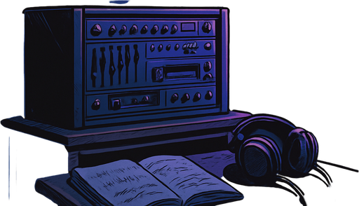 A 2048x2732 vertical background illustration in a semi-realistic comic book style. The scene shows a quiet corner of the same small urban apartment, viewed from a different angle than the main menu. This part of the room features a vintage sound mixing rack, ambient LED lights softly glowing in purple and blue tones, and a corkboard on the wall filled with pinned notes, small polaroid photos, and scribbled music ideas. An open sketchbook with waveform doodles lies on a side table, and worn-out headphones rest beside it. A faint rain still falls outside the partially visible window, casting reflections on the floor. The overall mood remains lo-fi, introspective, and musically charged. No characters, no text — just a lived-in, creative space for the settings menu backdrop..
In-Game asset.  2d.  High contrast.  No shadows