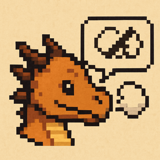 A small pixel art dragon head viewed from the side, mouth closed with a small puff of smoke or a speech bubble with a cross to symbolize that sound is off. The expression is calm and cute. Designed as a fantasy-themed icon for a retro-style 2D game UI..
In-Game asset.  2d.  High contrast.  No shadows. pixel art. side view. cute. fantasy. retro. dragon. mute. icon
