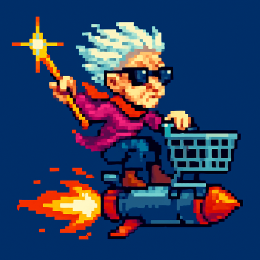 Pixel art sprite of a fierce old lady wearing sunglasses and a scarf, riding a rocket-powered shopping cart. She’s holding a glowing cane like a weapon. Side view, colorful retro 2D style.


PNG.
In-Game asset.  2d.  High contrast.  No shadows