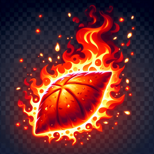 Create a spicy red samosa with flames, symbolizing a speed boost. The samosa should have a glowing effect and fire particles around it..
Single Game Texture.  In-Game asset.  2d.  Blank background.  High contrast.  No shadows