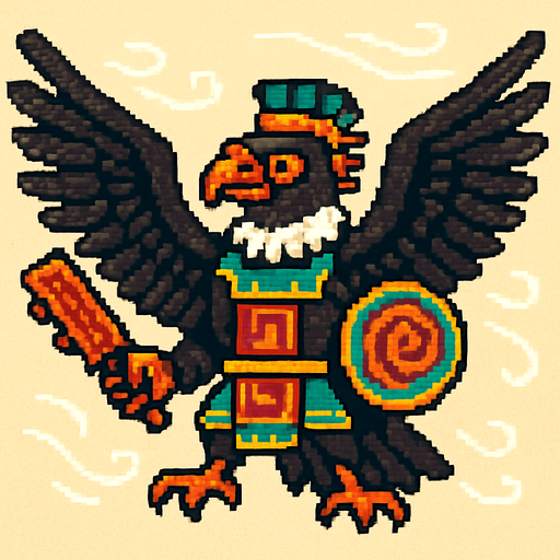 Generame un guerrero azteca con patrones, estilo pixelar, además será un Cóndor de los Andes, unidad voladora con alas, con efectos de viento.
In-Game asset.  2d.  High contrast.  No shadows