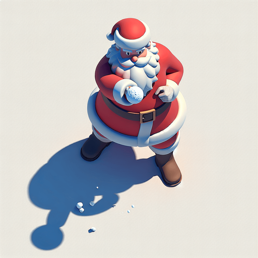Santa gearing up to throw a snowball, viewed from above and facing forward Single Game Texture. In-Game asset. 2d. Blank background. High contrast. No shadows.