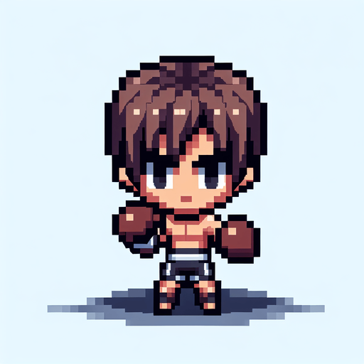 Fighter with 2 fight gloves, full body, mini fighter, big head, chibi.
Single Game Texture. In-Game asset. 2d. Blank background. High contrast. No shadows, detailed pixel art style