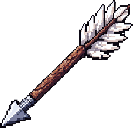A wooden arrow with white feathers and a steel arrow head. Horizontal. Pixel art.
Single Game Texture.  In-Game asset.  2d.  Blank background.  High contrast.  No shadows
