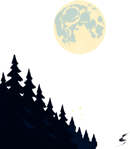 malam bulan purnama diatas hutan dataran tinggi. di kejauhan nampak kota di malam hari.
In-Game asset.  2d.  High contrast.  No shadows