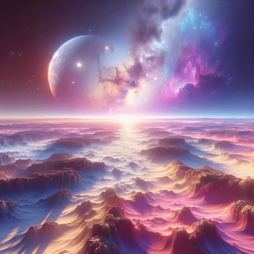 beautiful expansive landscape. starry sky, pastel colours, high definition, alien world..
Single Game Texture. In-Game asset. 2d. Blank background. High contrast. No shadows.