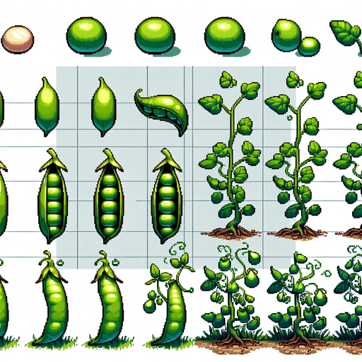A spritesheet showing a pea plant in various stages of germantion, from pea over sapling and to full grown plant with ripe pea pods. The sprites should be laid out in a rectangular grid with blank space between them..
Single Game Texture. In-Game asset. 2d. Blank background. High contrast. No shadows.