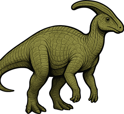 A large Parasaurolophus dinosaur with smooth, greenish-brown scaly skin. It has a long, curved cranial crest extending from the back of its head. The body is bulky with thick legs and a long tail. The skin shows detailed scales with subtle shading and wrinkles. The head has gentle eyes and a broad snout..
In-Game asset.  2d.  High contrast.  No shadows