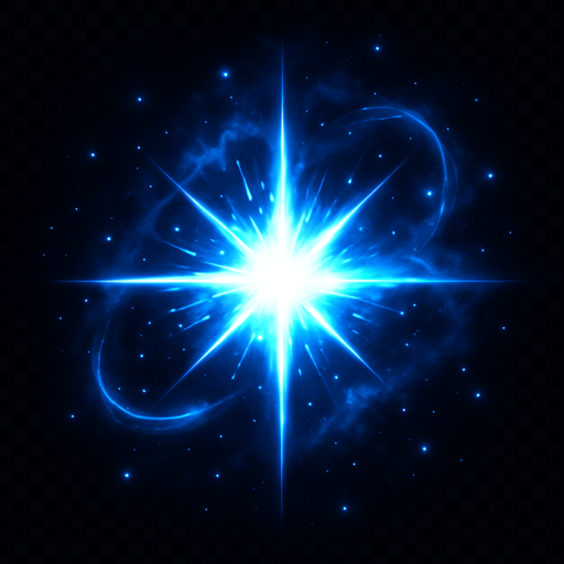 A magical sci-fi starburst explosion for a 2D game effect, with a bright blue and white energy core bursting outward in radiant spikes, surrounded by glowing particles, swirling light trails, and a soft nebula-like aura. The effect should feel like a powerful portal discharge or dimensional rift opening, with dynamic energy and cinematic glow. Transparent background, digital art style, top-down angle, ideal for sprite use in games..
In-Game asset.  2d.  High contrast.  No shadows