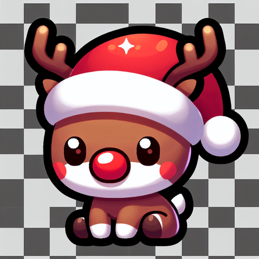 a cute little santa's reindeer with a red nose sitting Single Game Texture. 2d. Transparent background. High contrast. No shadows.