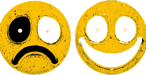 Creepy sad and happy emoji with black eyes and white people's.
In-Game asset.  High contrast.  No shadows