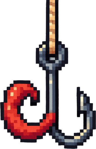 2D pixel art of a fishing hook with a red bait attached, hanging in water with bubbles, retro 16-bit style..
In-Game asset.  2d.  High contrast.  No shadows