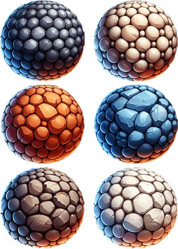 Different colors of stones, spheres in all 8 images, not text or pixels colors, mixed theme..
Single Game Texture. In-Game asset. 2d. Blank background. High contrast. No shadows.
