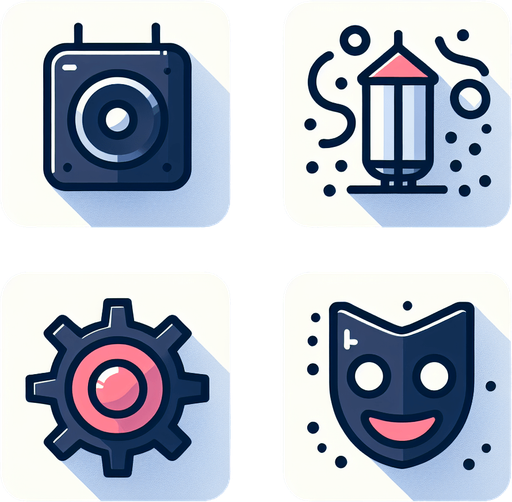 Collection of high definition modern rounded squares buttons.
icons : speaker; confettis;  settings (cog), smilling theater mask
Simple backgrounds. 
Few colours.