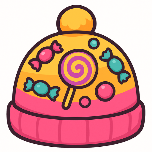 cute candy design beanie top view..
In-Game asset.  2d.  High contrast.  No shadows