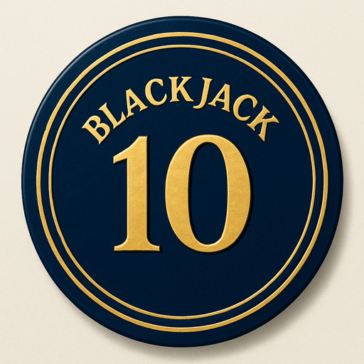 "Crea un asset para una ficha de casino de $10 para Blackjack.
Color Principal: Azul zafiro profundo o un azul medianoche.
Borde/Detalles: Dos o tres franjas finas en un color que contraste, como blanco o dorado.
Valor: El número '10' grande y claro en el centro, en dorado o blanco, con una tipografía de casino.
Estilo: Lujoso, elegante, coherente con 'La Tentación Dorada'.".
In-Game asset.  2d.  High contrast.  No shadows que el texto blackjack ete arriba