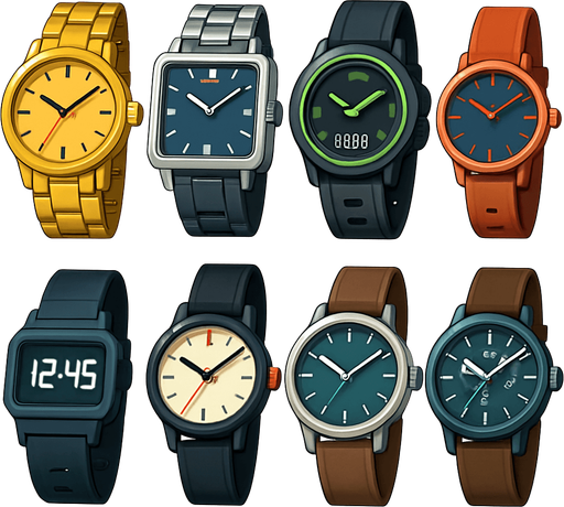 Pack of different watches.
In-Game asset.  High contrast.  No shadows. 3D