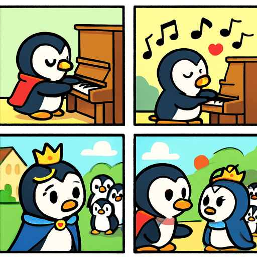 4-panel comic strip, no text, cute cartoon style, bright colors, black outlines.
Characters: Penguin Hero (small, determined) + Penguin Princess (elegant, crown) + Village Penguins
Central Theme: Music connects hearts, piano mastery wins love. Story: Hero finds his true musical voice and inner strength

Panel 1: Hero alone with piano, plays from his heart instead of trying to impress
Panel 2: Beautiful, unique music flows from him, notes shimmer with emotion
Panel 3: Princess secretly listens from distance, moved by his genuine music
Panel 4: Hero realizes music should come from the heart, not ego. 
In-Game asset.  2d.  High contrast.  No shadows