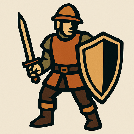 solider with shield in hand.
In-Game asset.  2d.  High contrast.  No shadows