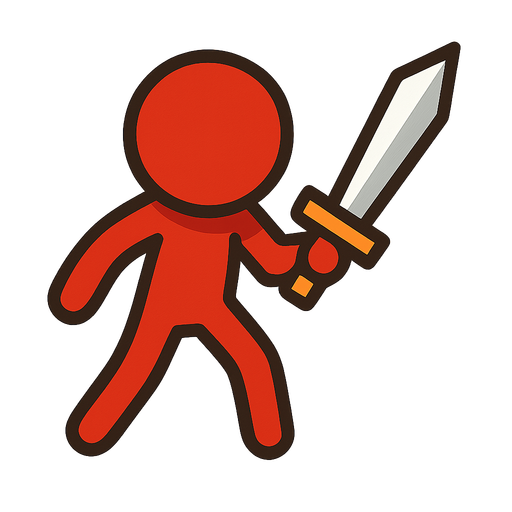 Red stickman with a sword.
In-Game asset.  2d.  High contrast.  No shadows. Topdown