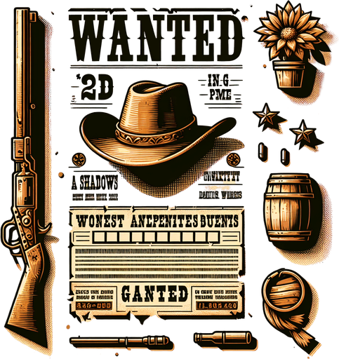 western wanted poster.
Single Game Texture. In-Game asset. 2d. Blank background. High contrast. No shadows.