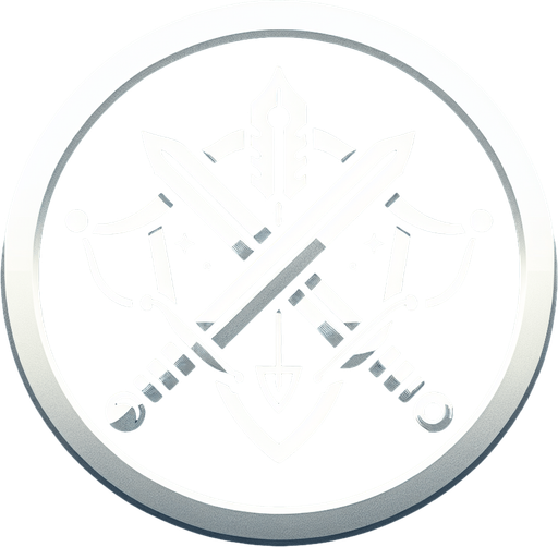 A round button with icons of a sword and bow crossed over a shield, hinting at weapon switching..
Game interface icon. Medieval theme with crossed weapons on a shield. High contrast and intuitive design.