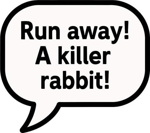 White textbubble with thin black frame. 
'Run away! A killer rabbit!' text in bubble.
In-Game asset.  2d.  High contrast.  No shadows