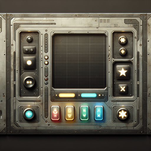 Design a clean and minimalistic landscape-oriented mobile phone interface inspired by Star Wars, adhering to user-friendly web design principles. The frame has a sleek, weathered industrial aesthetic with rounded edges and a muted metallic finish. The screen is completely empty, providing a clean and open space.

At the bottom of the HUD, align four large buttons in a simple, straight row. Each button features a unique, bold shape: a triangle, a square, an X, and a star. The buttons are evenly spaced, brightly colored (e.g., red, green, blue, yellow), and have a subtle glow with smooth, tactile designs to make them visually distinct and user-friendly.

The background incorporates faint industrial details, such as subtle panel lines or rivets, to reinforce the Star Wars aesthetic without overwhelming the design. The interface balances functionality and thematic style while maintaining a minimalist and intuitive layout focused on the aligned button array..
Single Game Texture. In-Game asset. 2d. Blank background. High contrast. No shadows.