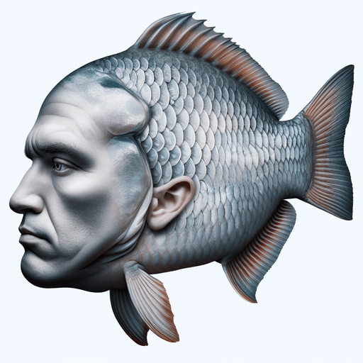 A fish with an Human male weird head in color in a realistic style.
Single Game Texture. In-Game asset. 2d. Blank background. High contrast. No shadows.