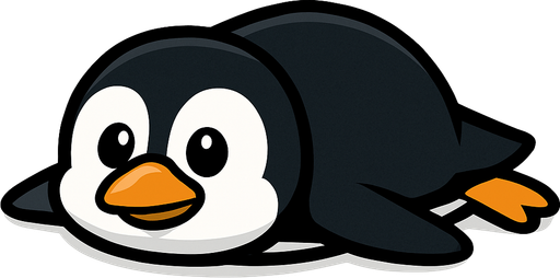 A cartoon-style penguin lying flat on its belly, facing forward with its body stretched out.
In-Game asset.  2d.  High contrast.  No shadows