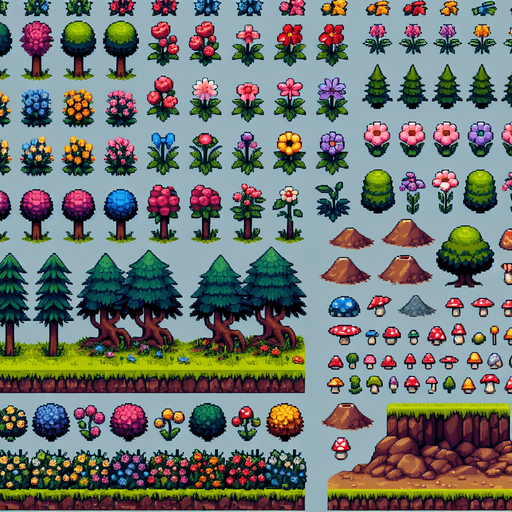 Create a sprite sheet featuring various forest landscape elements, including flowers, small hills, dug holes, mushrooms, trees, bushes, and rocks. Each element should be designed in a detailed pixel art style, reminiscent of classic 32-bit era video games. Ensure that the colors are vibrant and natural, with each element distinctly recognizable. The flowers should have a variety of colors and shapes, the hills should have gentle slopes, the holes should look freshly dug, the mushrooms should be varied in size and color, the trees should have detailed bark and lush canopies, the bushes should be dense with leaves, and the rocks should have texture and shading. Arrange the elements on a neutral background, with each item neatly aligned in rows and columns for easy identification and use in game development..
Single Game Texture. In-Game asset. 2d. Blank background. High contrast. No shadows.
