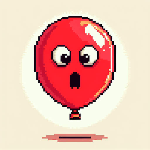 cute red balloon. looking up. feeling scared. Single Game Texture. In-Game asset. 2d. Blank background. High contrast. No shadows. pixel. 8 bit