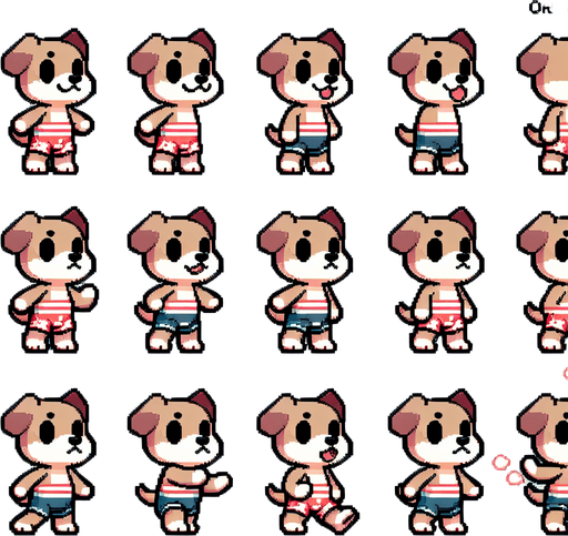A spritesheet with a number of poses of an happy little dog in swimming trunks, smiling, walking, waiting, standing, ordering, turning, etc. all seen from the side.The spritesheet should be laid out in a rectangular grid with clear space between each individual sprite. Each sprite in the sheet should be around 300x600 pixels in size..
Single Game Texture. In-Game asset. 2d. Blank background. High contrast. No shadows.