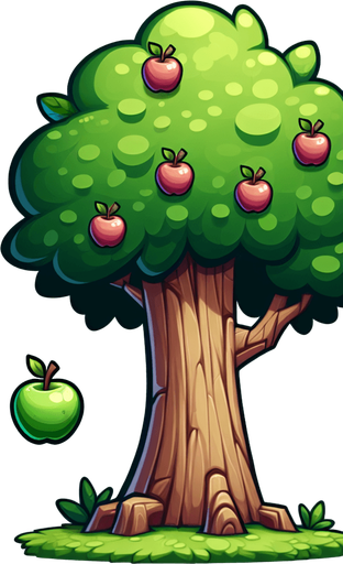 Apple tree with crown extending beyond the frame, tall trunk full height of the frame, cartoon style.
Single Game Texture. In-Game asset. 2d. Blank background. High contrast. No shadows.
