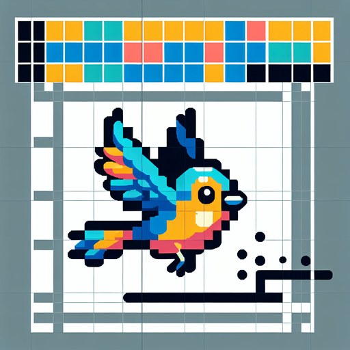Flapping bird. 32x32.
Single Game Texture. Pixel art, In-Game asset. 2d. Blank background. High contrast. Bright colors. No shadows.